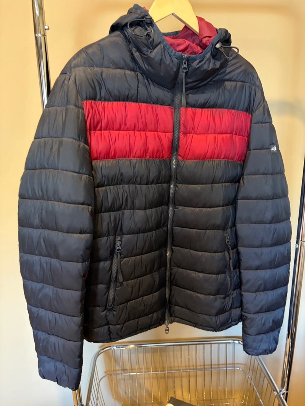 Armani Jeans Black Double Sided Puffer Jacket with Red Chest Panel and Hood